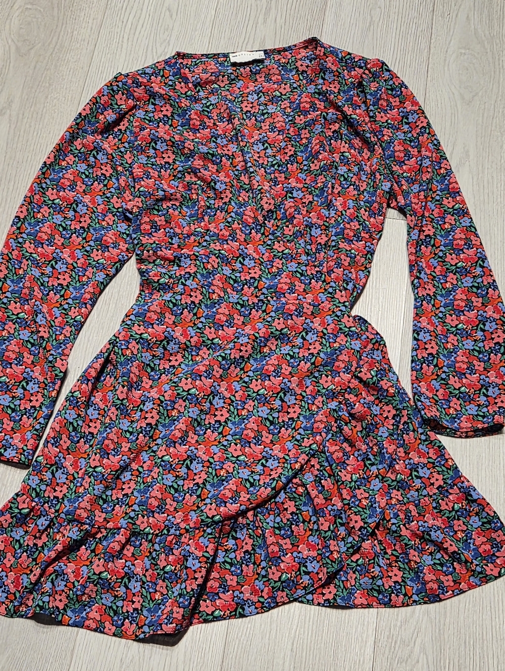 ASOS Curve Red & Blue Floral Long-Sleeve Wrap Dress
